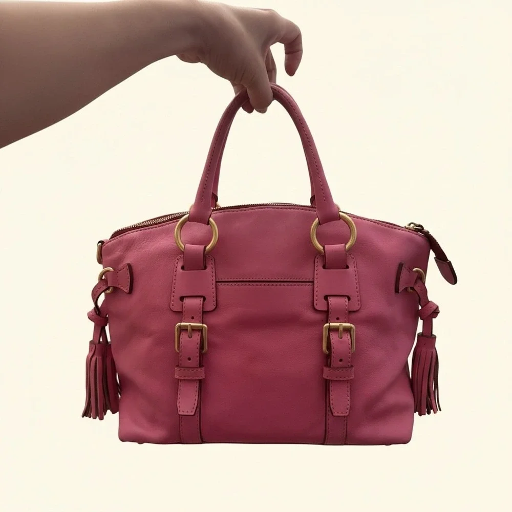 Dooney & Bourke Pink Leather Tassel Satchel Y2K Boho Buckle Handbag